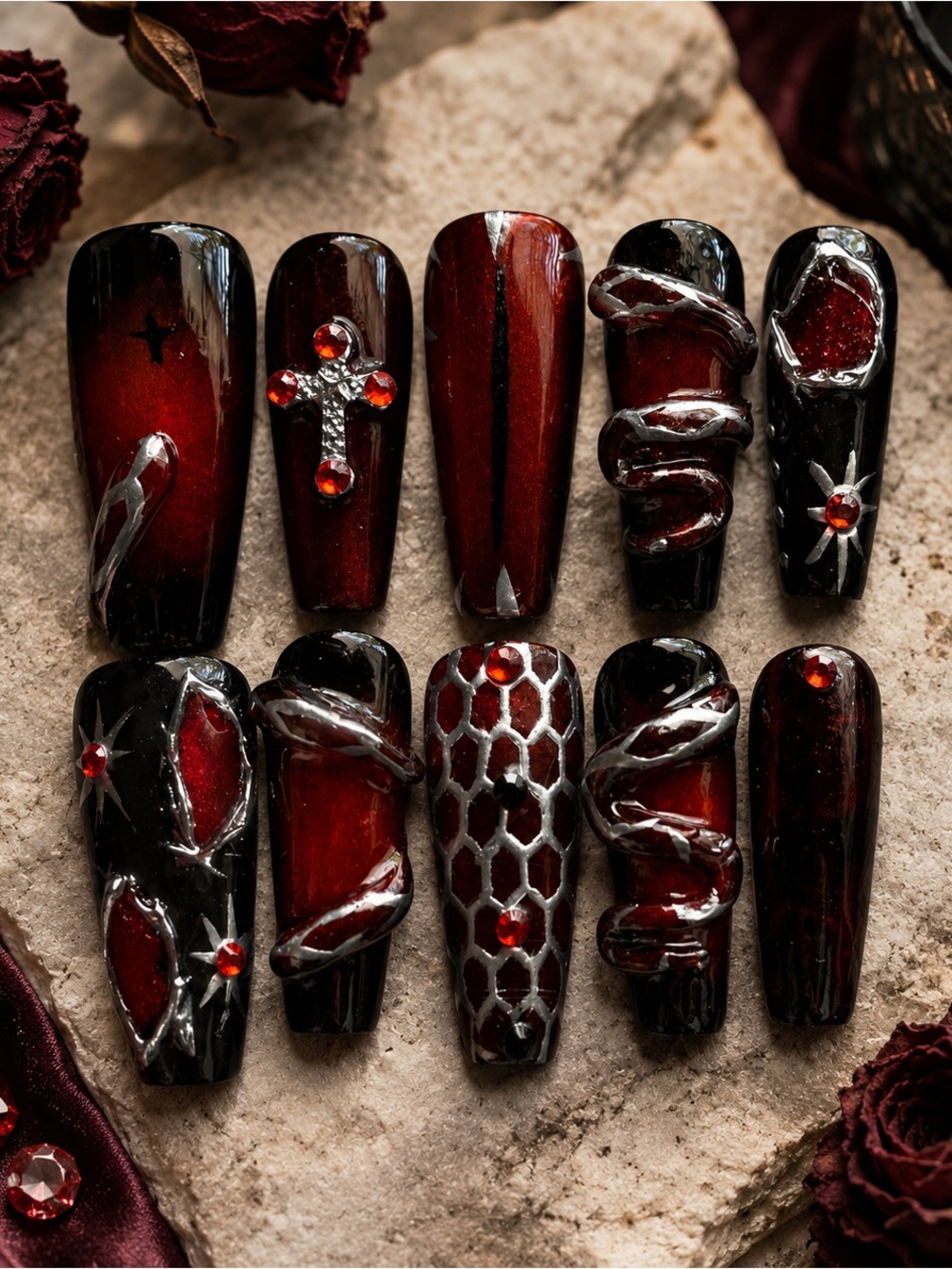 Deep Red & Black Gothic Press-On Nails - Dramatic Jewel Accents - Picture 2 of 2